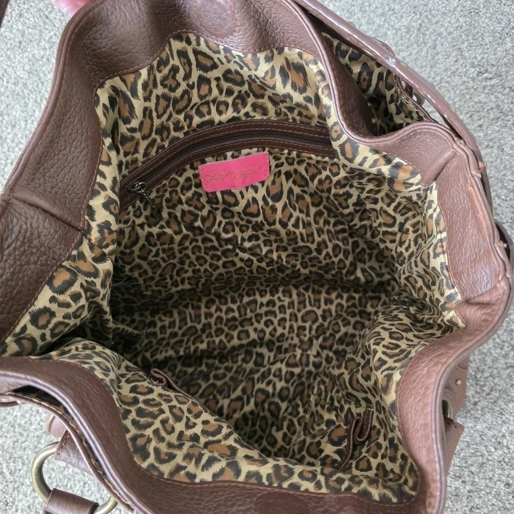 Betsey Johnson VTG Y2K Heavy Brown Leather Studded Tote Handbag Charms Large